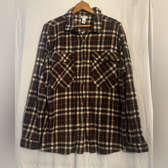Rue21 Women’s Brown/Cream Button Down Plaid Shirt Front Pockets size XL NWT - Picture 1 of 12